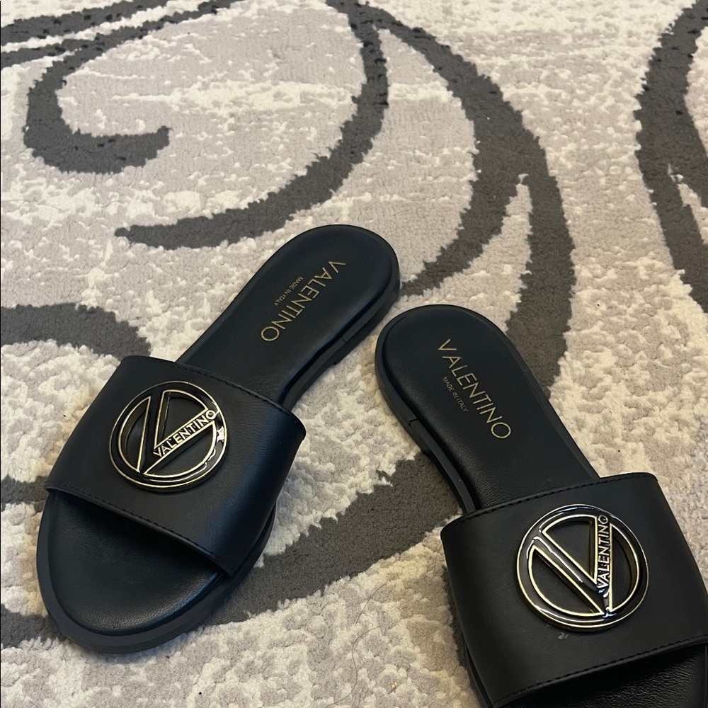Valentino Black Slides with Gold Emblem